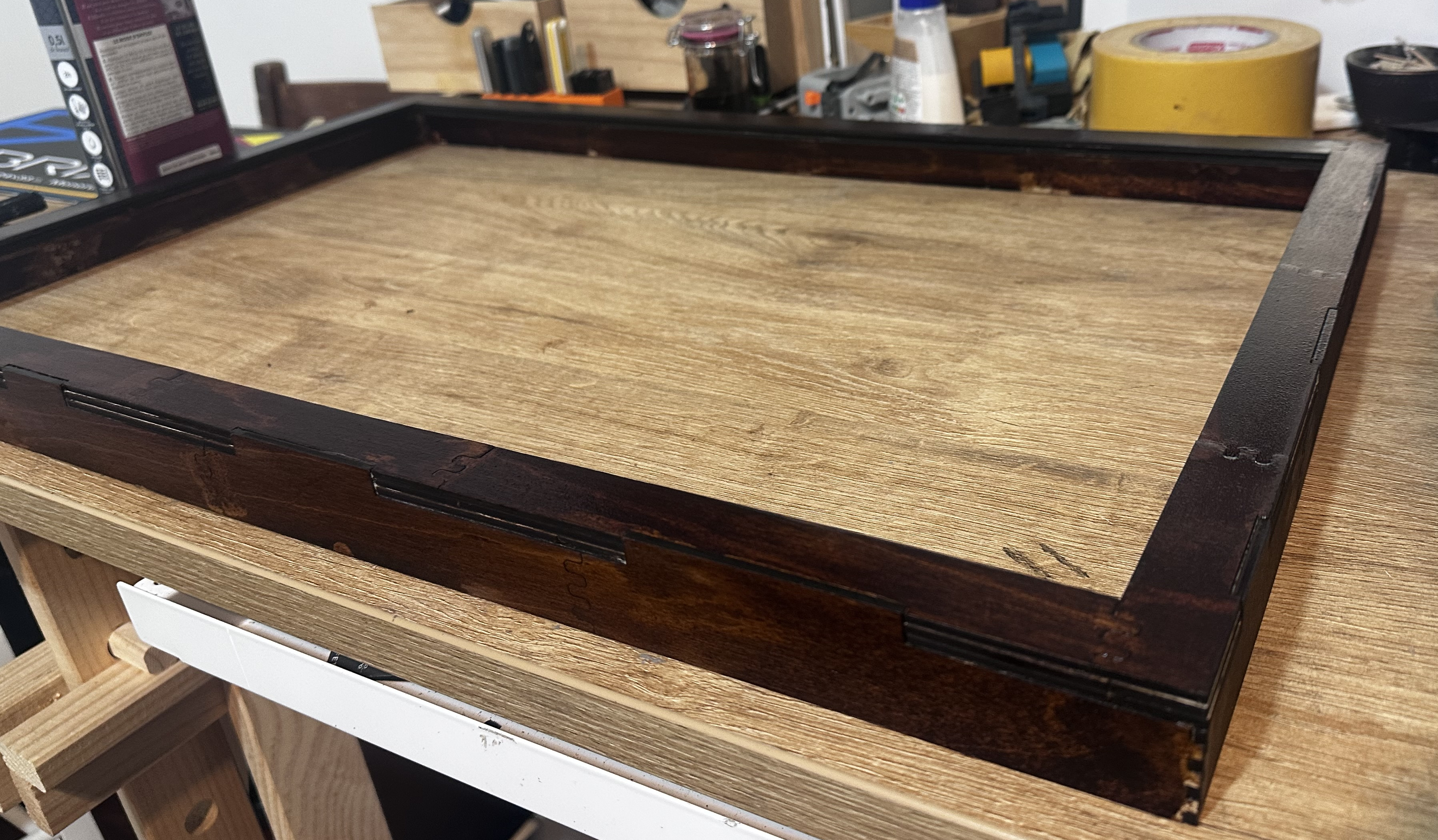 Walnut stain application — side view