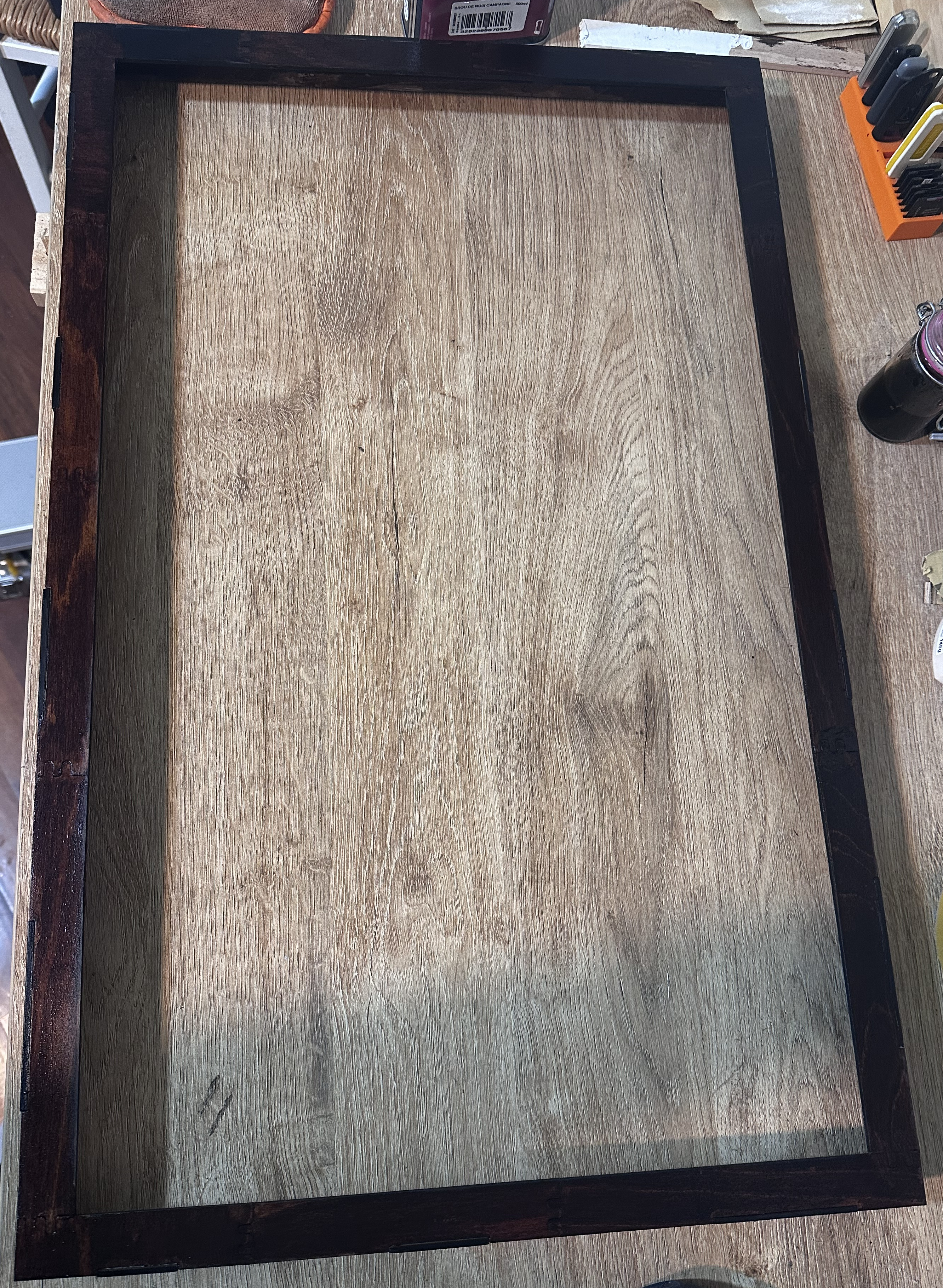 Walnut stain application — top view